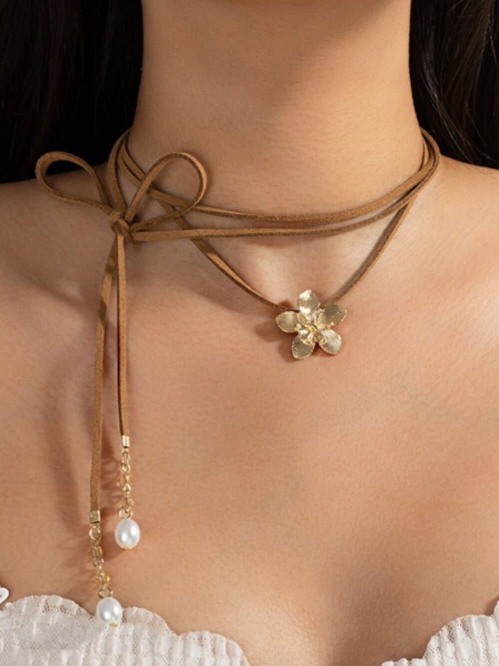 Free People Brown Suede Floral Tie Choker Necklace